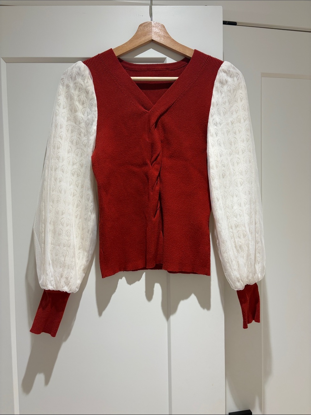 Red Knit Sweater with White Puff Sleeves